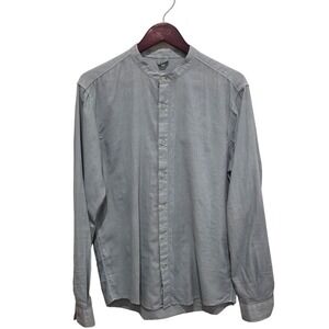 Pull Bear Gray Band Collar Button Up Shirt Quiet Luxury Women Medium Linen blen